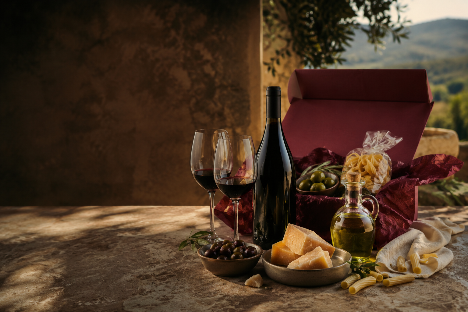 Italiaanse wijn, delicatessen en een luxe giftbox